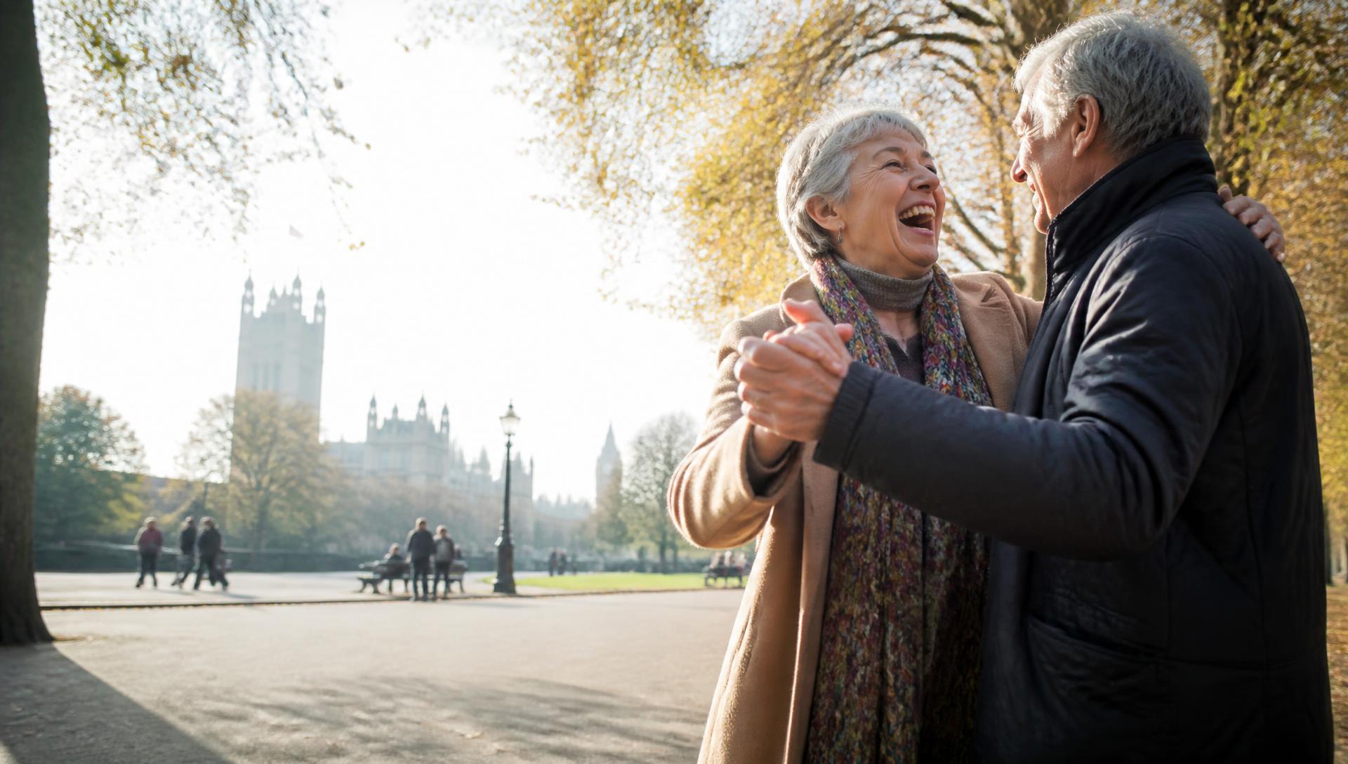 Couple in their sixties dancing and laughing in a London park