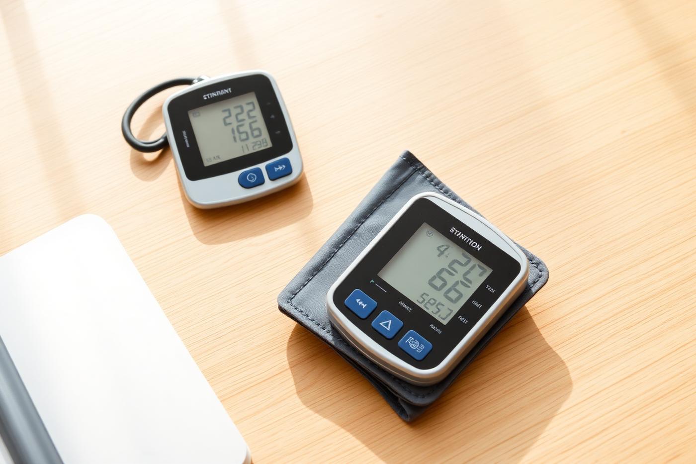 A home blood pressure monitor cuff on a table beside a notebook.