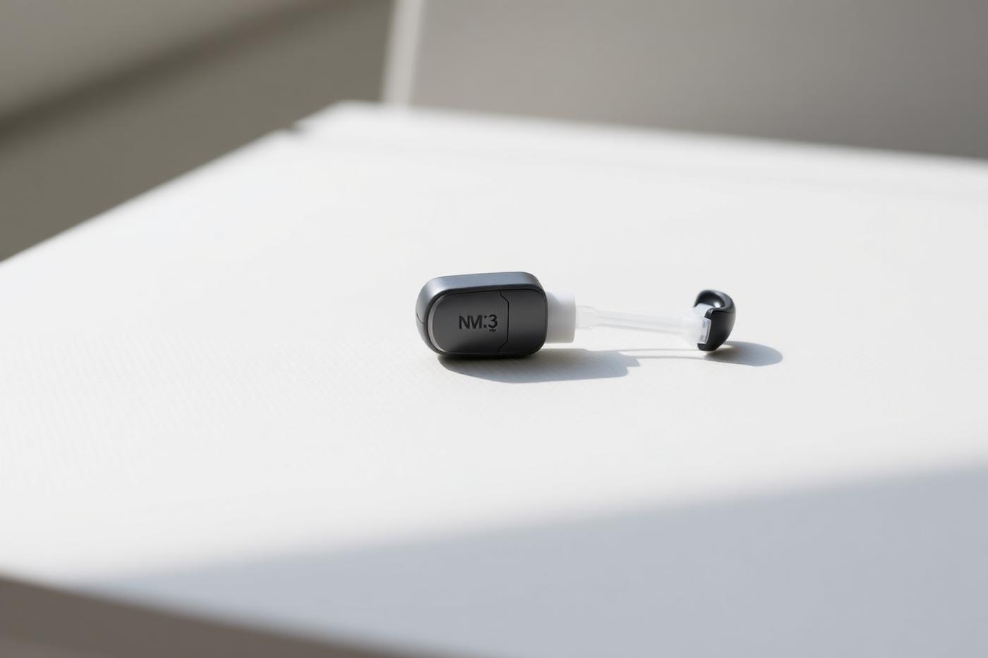 Close-up of a modern hearing device held in a hand.